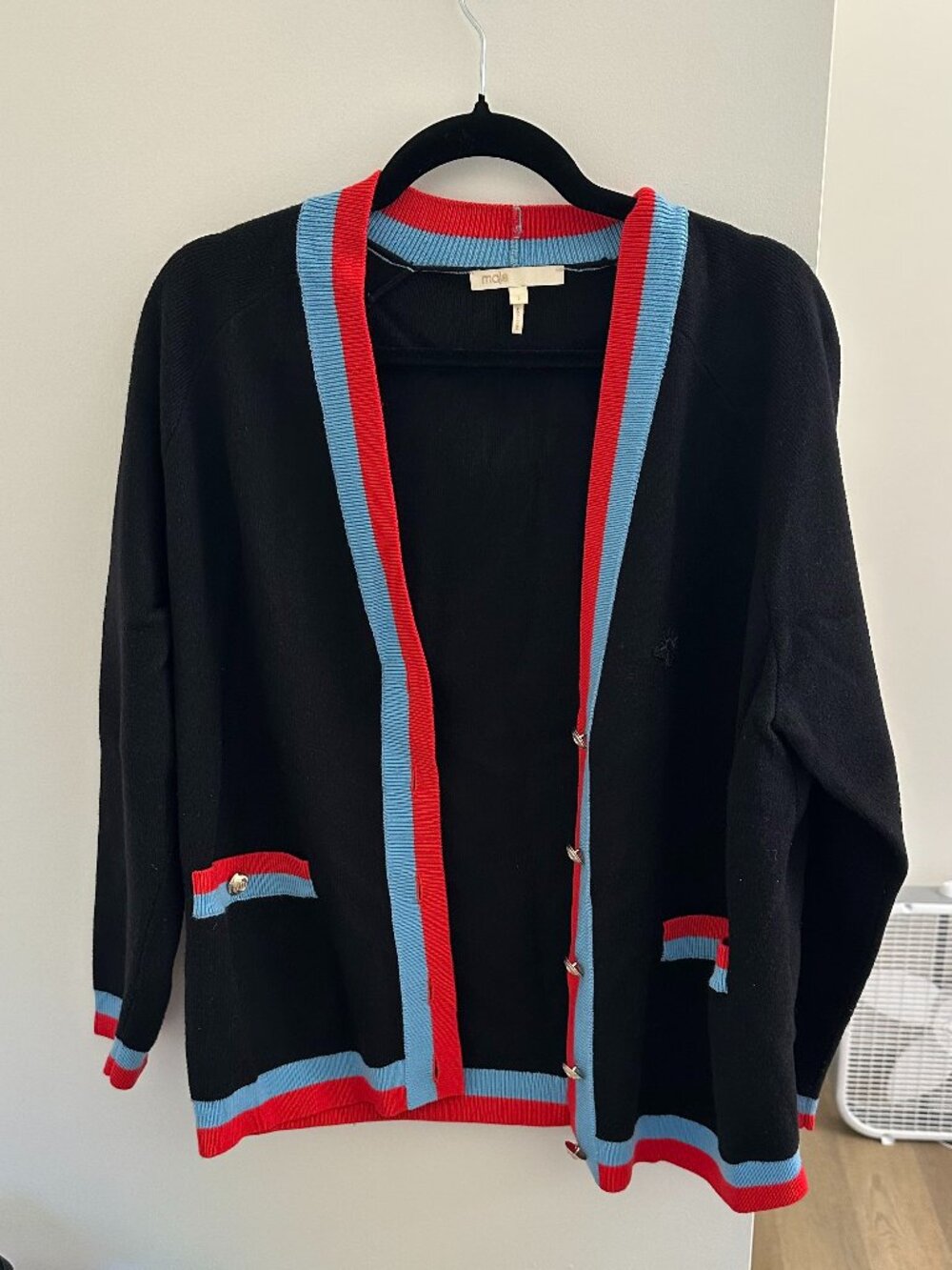 Maje Black Cardigan Red Blue Trim Gold Button Knit Sweater Parisian Chic